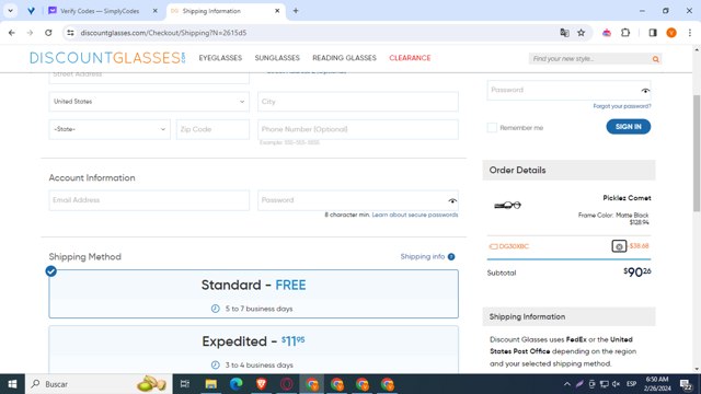 Discount Glasses checkout page showing Discount Glasses discount code box | Screenshot taken by SimplyCodes community member on Feb 26, 2024