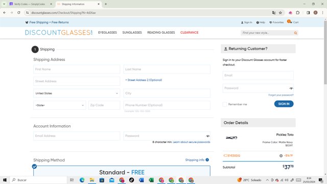 Discount Glasses checkout page showing Discount Glasses discount code box | Screenshot taken by SimplyCodes community member on Mar 25, 2024