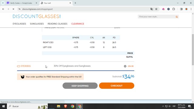 Discount Glasses checkout page showing Discount Glasses discount code box | Screenshot taken by SimplyCodes community member on Feb 25, 2024