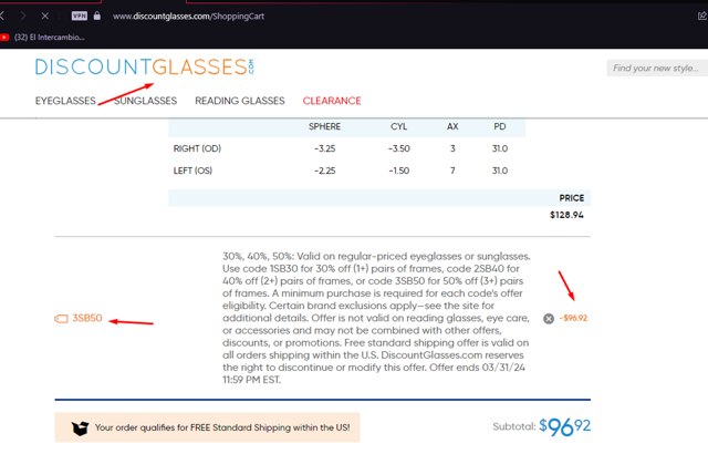 Discount Glasses checkout page showing Discount Glasses discount code box | Screenshot taken by SimplyCodes community member on Mar 1, 2024
