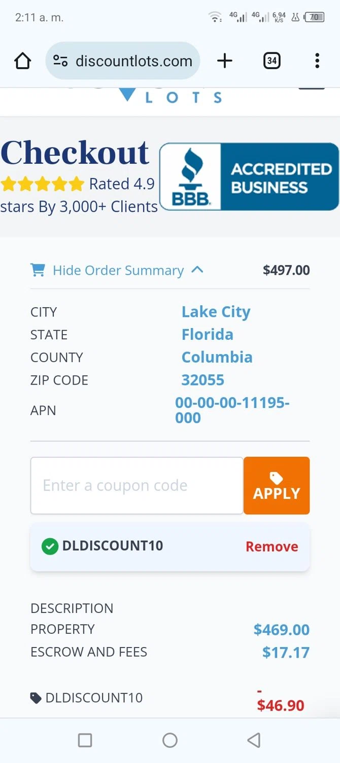 Discount Lots checkout page showing Discount Lots promo code box | Screenshot taken by SimplyCodes community member on Jan 17, 2024