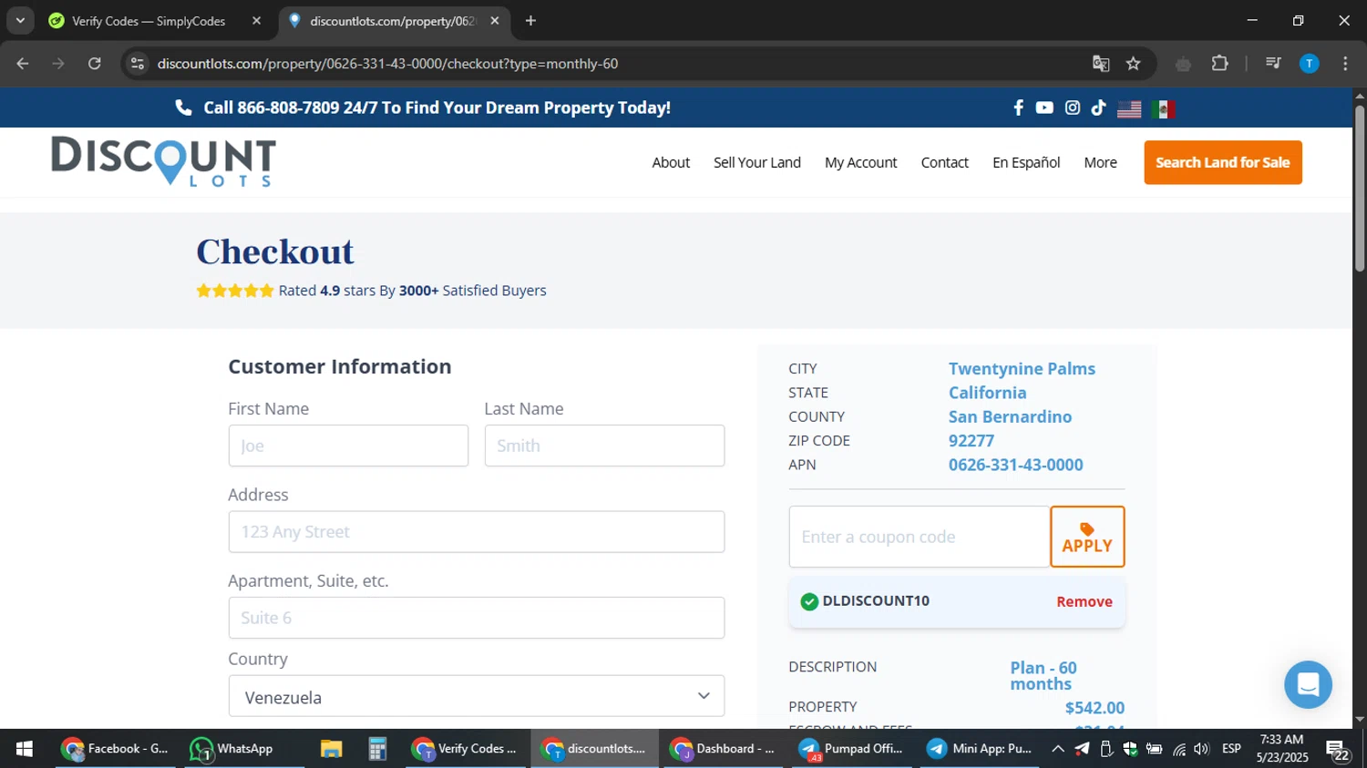Discount Lots promo code screenshot showing code DLDISCOUNT10 applied at Discount Lots checkout page. Uploaded by SimplyCodes community member hankt1521 on May 23, 2025