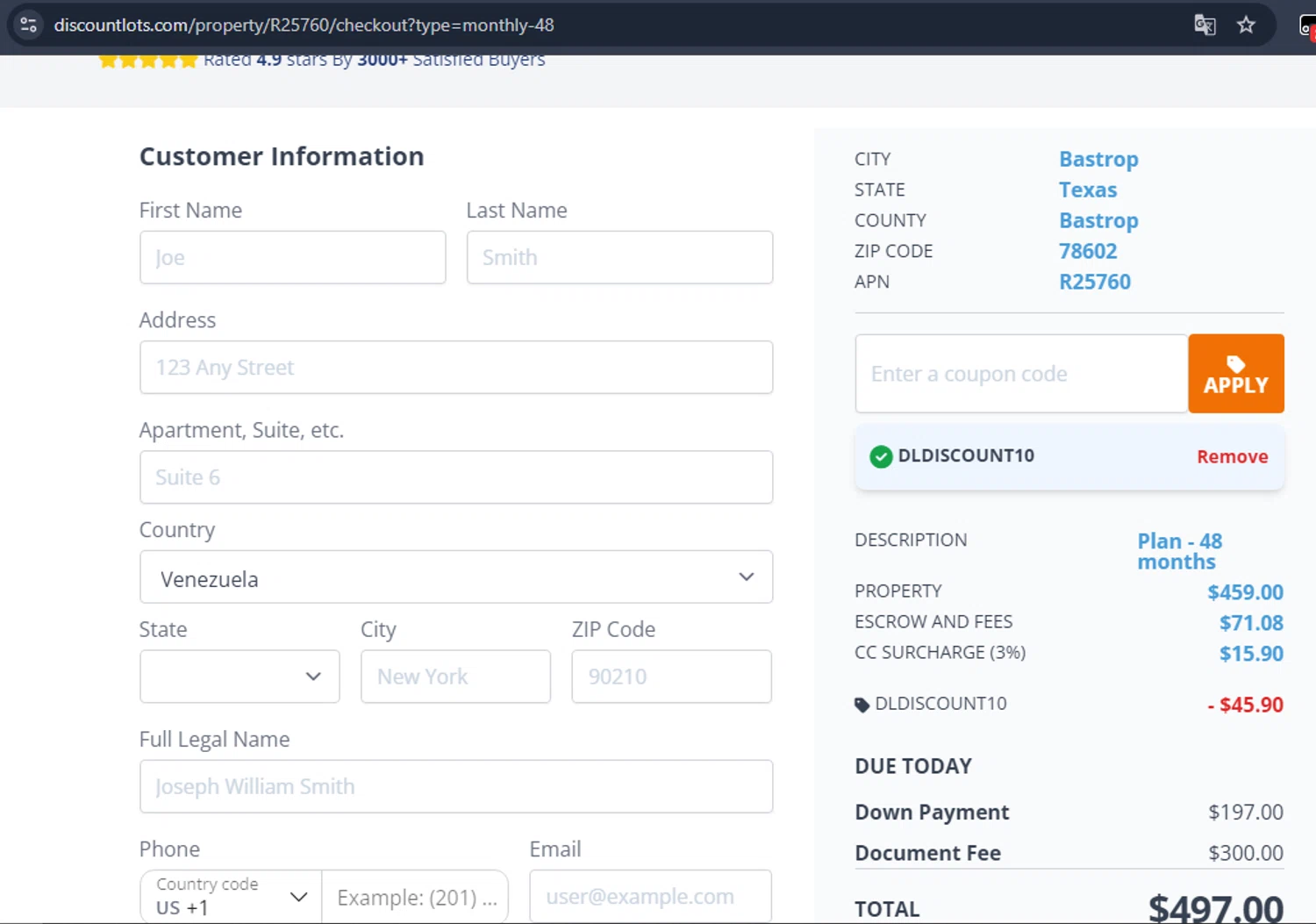 Discount Lots promo code screenshot showing code DLDISCOUNT10 applied at Discount Lots checkout page. Uploaded by SimplyCodes community member six_eyes on Feb 20, 2025