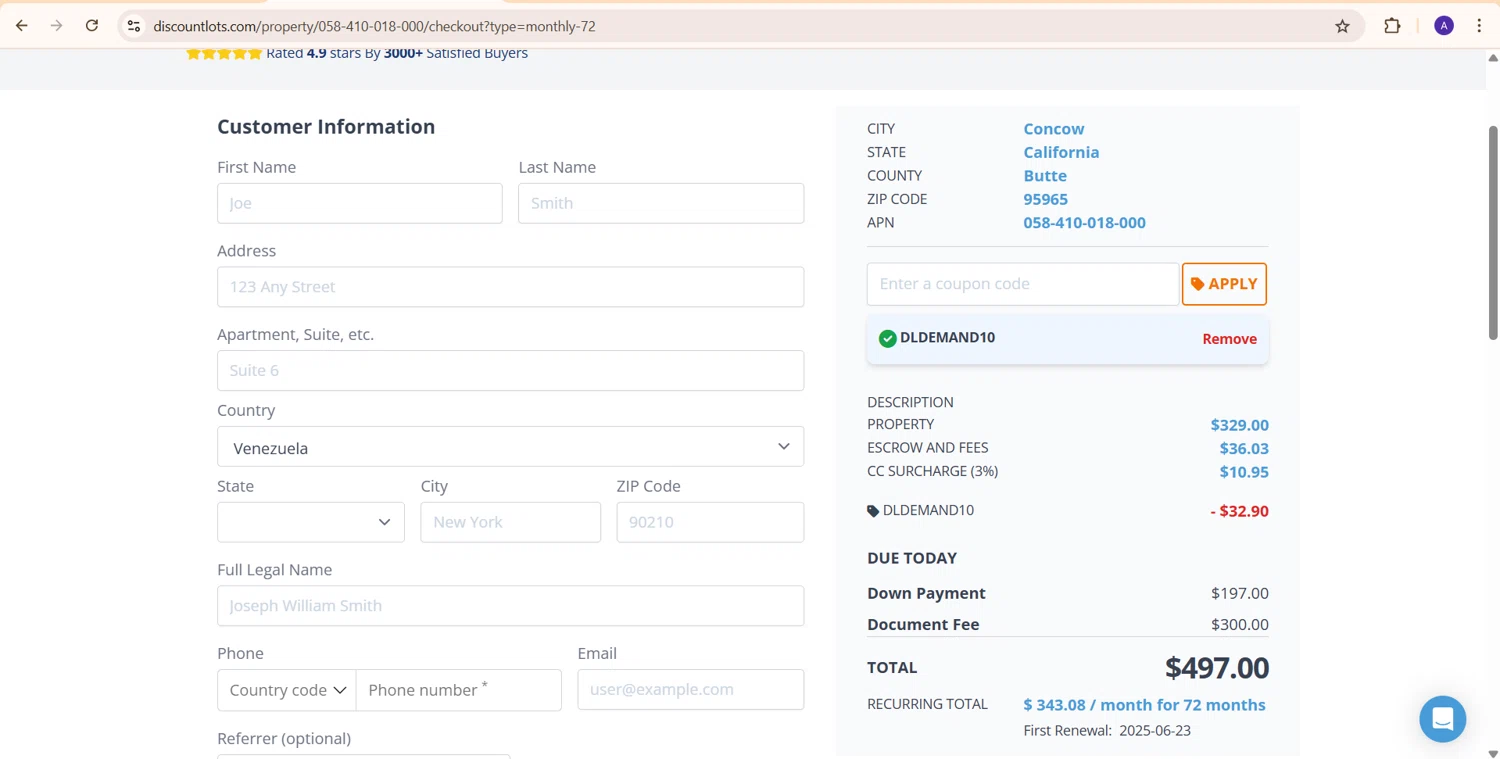 Discount Lots promo code screenshot showing code DLDEMAND10 applied at Discount Lots checkout page. Uploaded by SimplyCodes community member PromoExpert5262 on May 23, 2025
