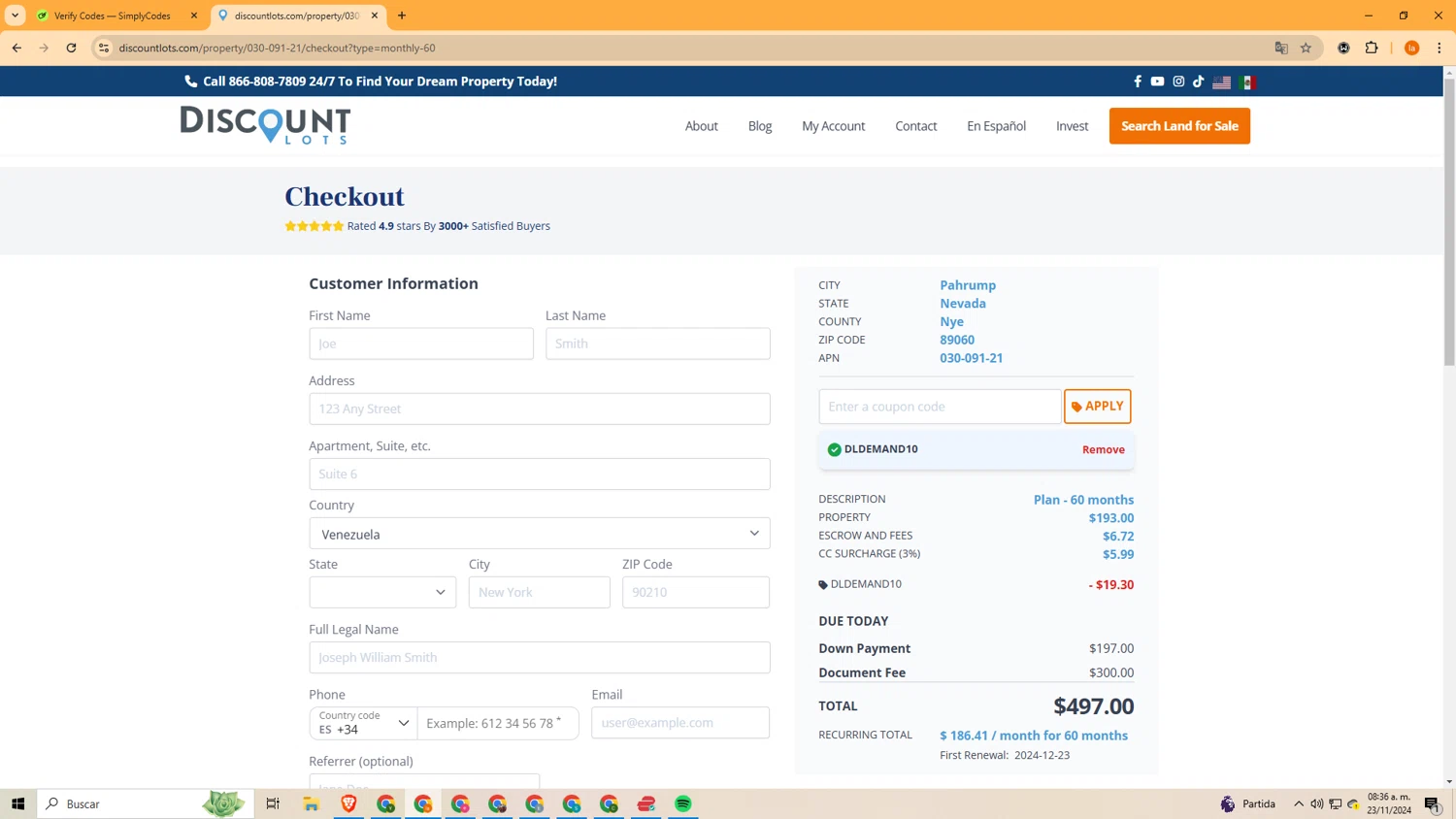 Discount Lots checkout page showing Discount Lots promo code box | Screenshot taken by SimplyCodes community member on Nov 23, 2024