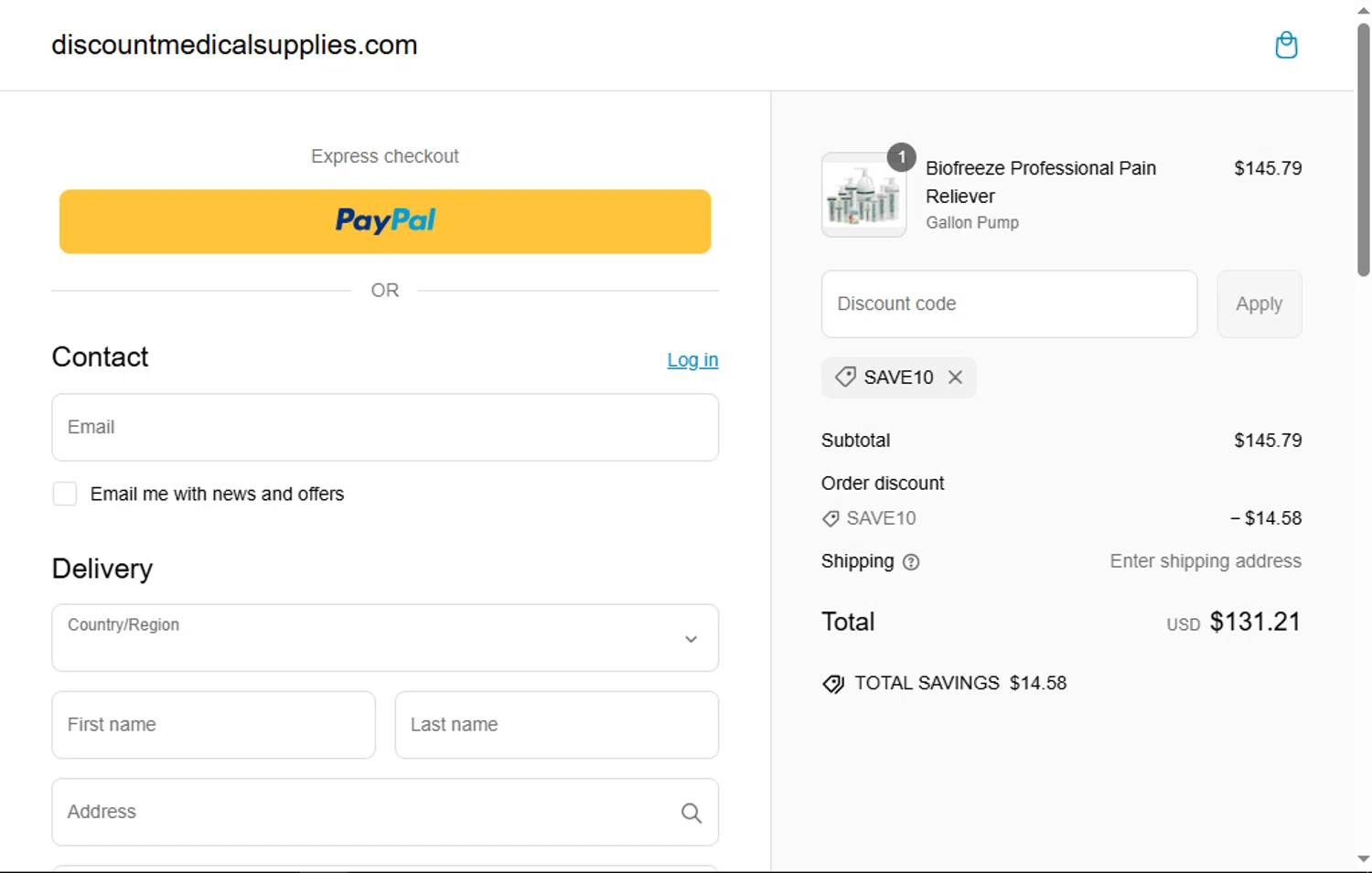 Discount Medical Supplies discount code screenshot showing code SAVE10 applied at Discount Medical Supplies checkout page. Uploaded by SimplyCodes community member MagnificentFalcon188 on Mar 11, 2025