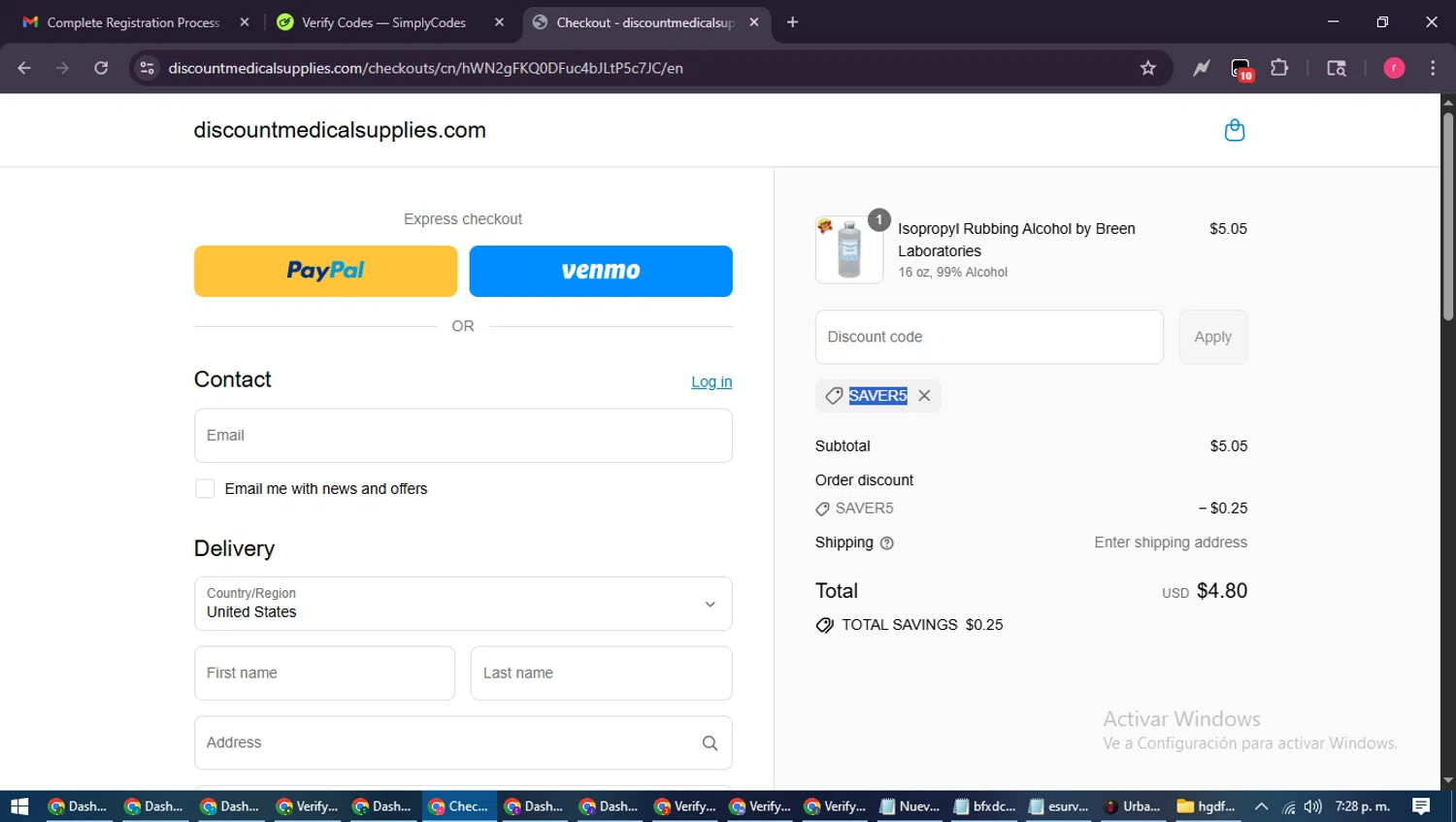 Discount Medical Supplies discount code screenshot showing code saver5 applied at Discount Medical Supplies checkout page. Uploaded by SimplyCodes community member WisePro3739 on Sep 6, 2025