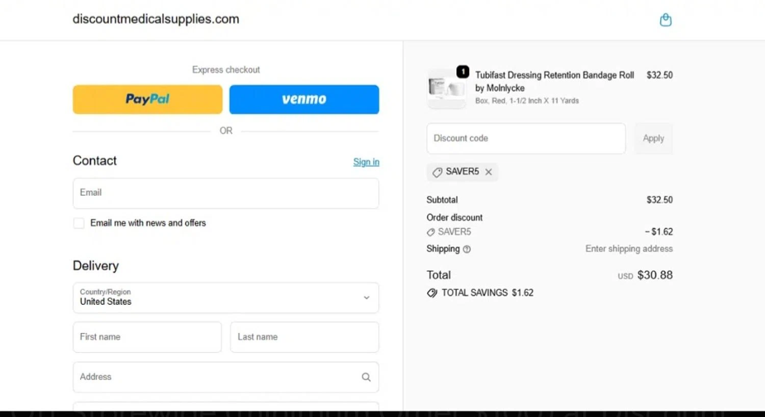 Discount Medical Supplies discount code screenshot showing code saver5 applied at Discount Medical Supplies checkout page. Uploaded by SimplyCodes community member tulioriera on Nov 27, 2025