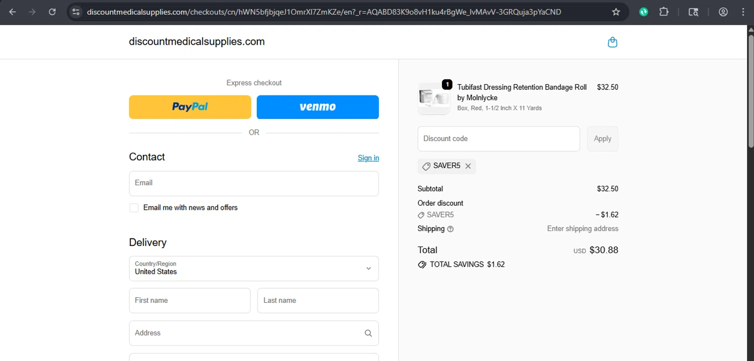 Discount Medical Supplies discount code screenshot showing code saver5 applied at Discount Medical Supplies checkout page. Uploaded by SimplyCodes community member xaswqe on Nov 23, 2025