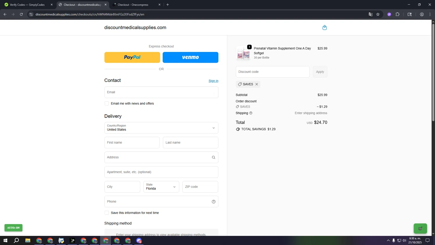 Discount Medical Supplies discount code screenshot showing code SAVE5 applied at Discount Medical Supplies checkout page. Uploaded by SimplyCodes community member wwwwwwwwwwwwwwwwwww on Oct 21, 2025