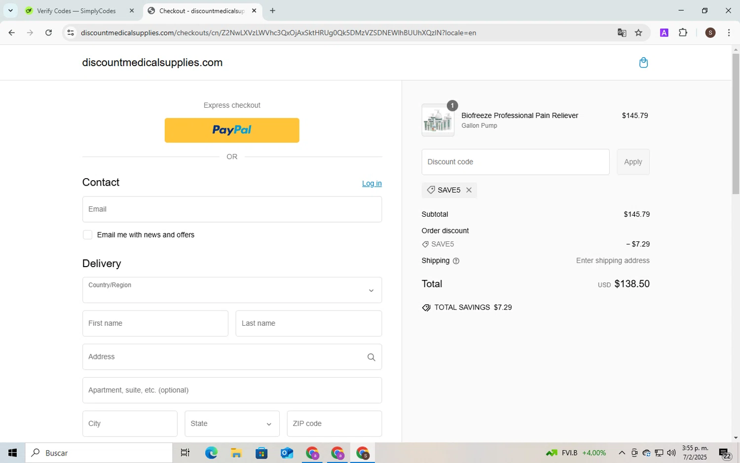 Discount Medical Supplies discount code screenshot showing code SAVE5 applied at Discount Medical Supplies checkout page. Uploaded by SimplyCodes community member QuestPhoenix2794 on Feb 7, 2025