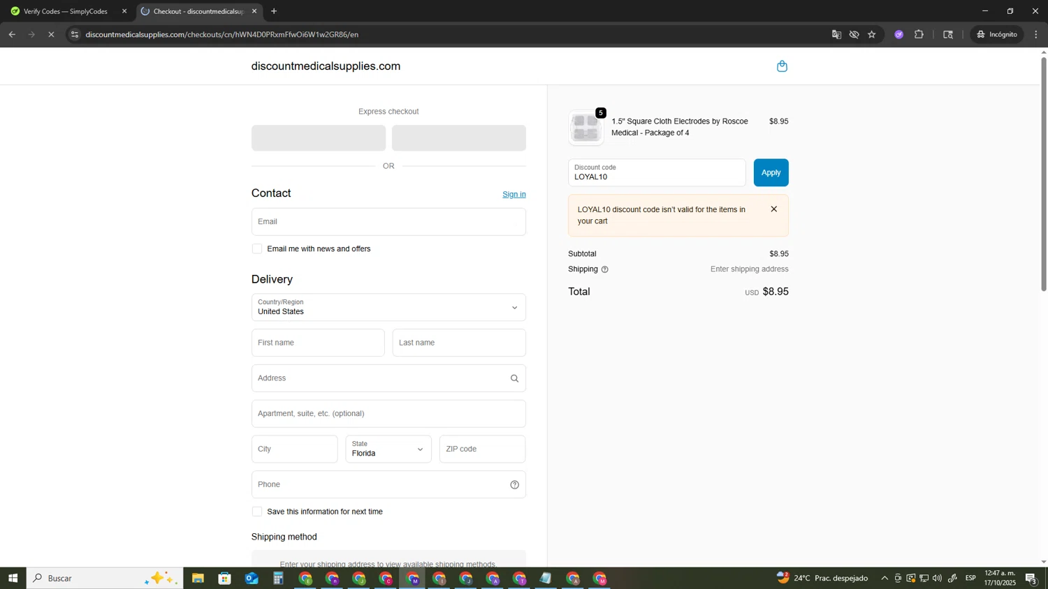 Discount Medical Supplies discount code screenshot showing code LOYAL10 applied at Discount Medical Supplies checkout page. Uploaded by SimplyCodes community member CRF250CC on Oct 17, 2025