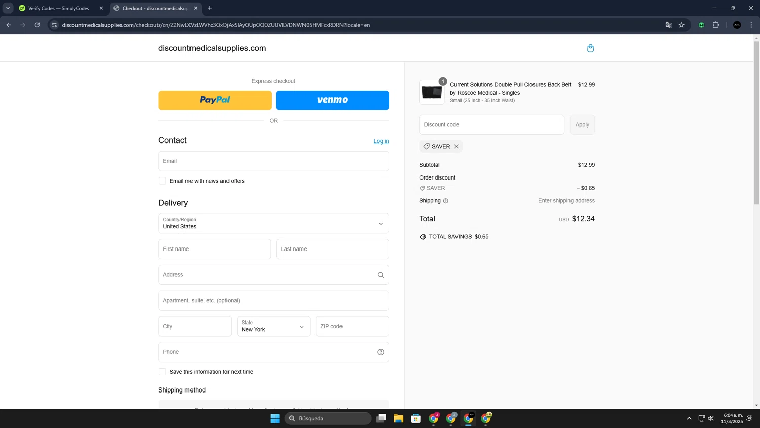 Discount Medical Supplies discount code screenshot showing code SAVER applied at Discount Medical Supplies checkout page. Uploaded by SimplyCodes community member JoseLocoHugo on Mar 11, 2025