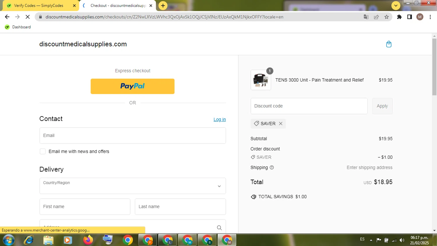 Discount Medical Supplies discount code screenshot showing code SAVER applied at Discount Medical Supplies checkout page. Uploaded by SimplyCodes community member SmartSleuth1503 on Feb 21, 2025