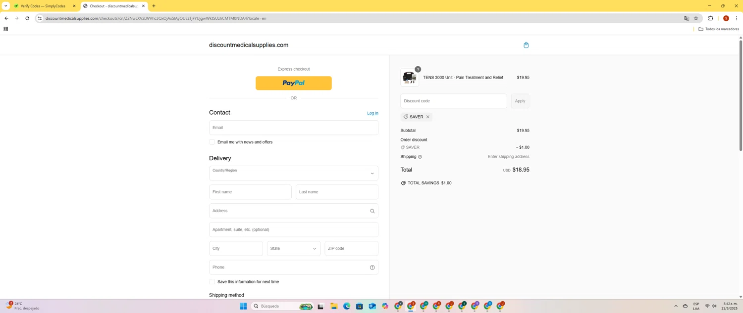 Discount Medical Supplies discount code screenshot showing code SAVER applied at Discount Medical Supplies checkout page. Uploaded by SimplyCodes community member LegendaryBoss2307 on Mar 11, 2025