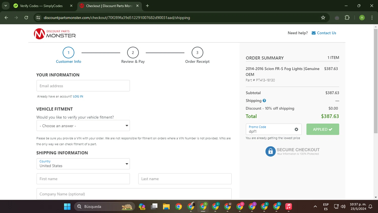 Discount Parts Monster checkout page showing Discount Parts Monster coupon code box | Screenshot taken by SimplyCodes community member on May 24, 2024