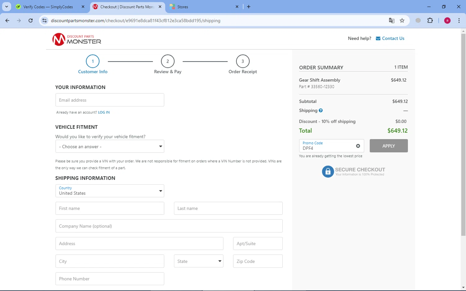 Discount Parts Monster checkout page showing Discount Parts Monster coupon code box | Screenshot taken by SimplyCodes community member on Sep 1, 2024