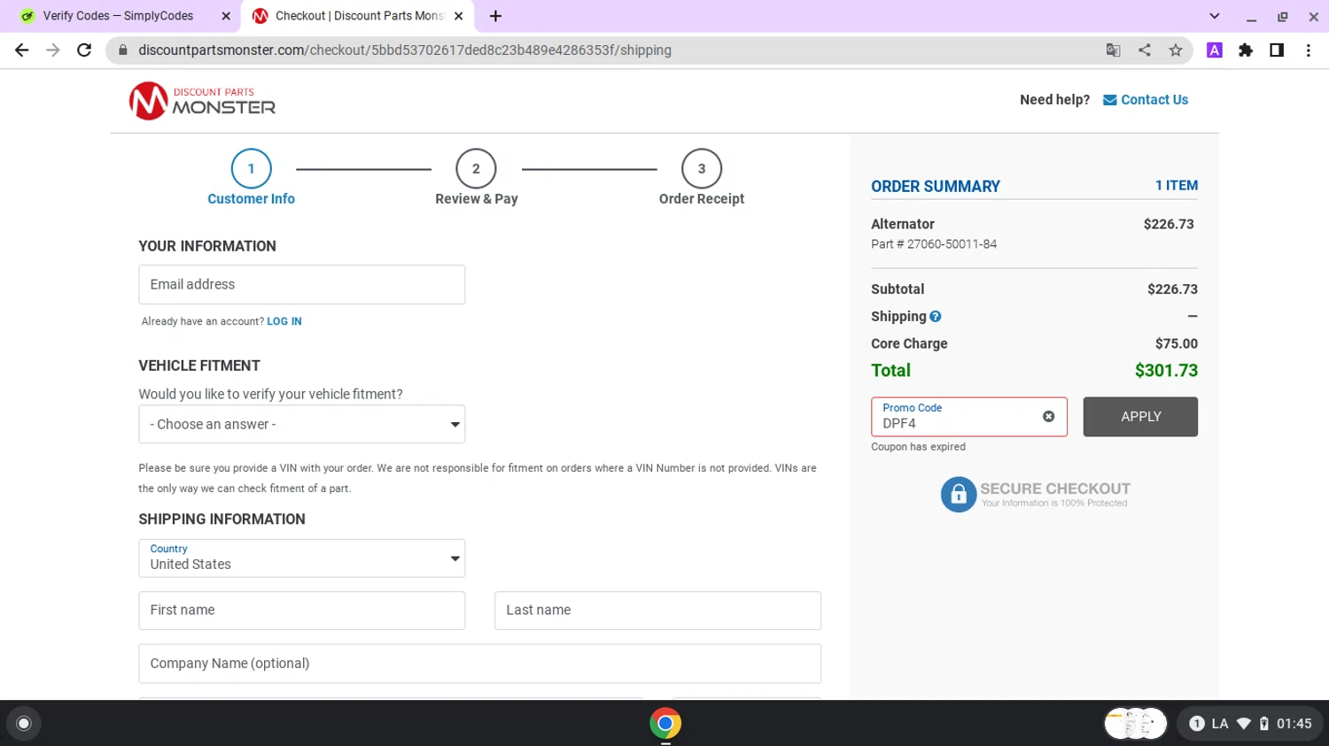 Discount Parts Monster coupon code screenshot showing code DPF4 applied at Discount Parts Monster checkout page. Uploaded by SimplyCodes community member lapampita on Jan 11, 2025