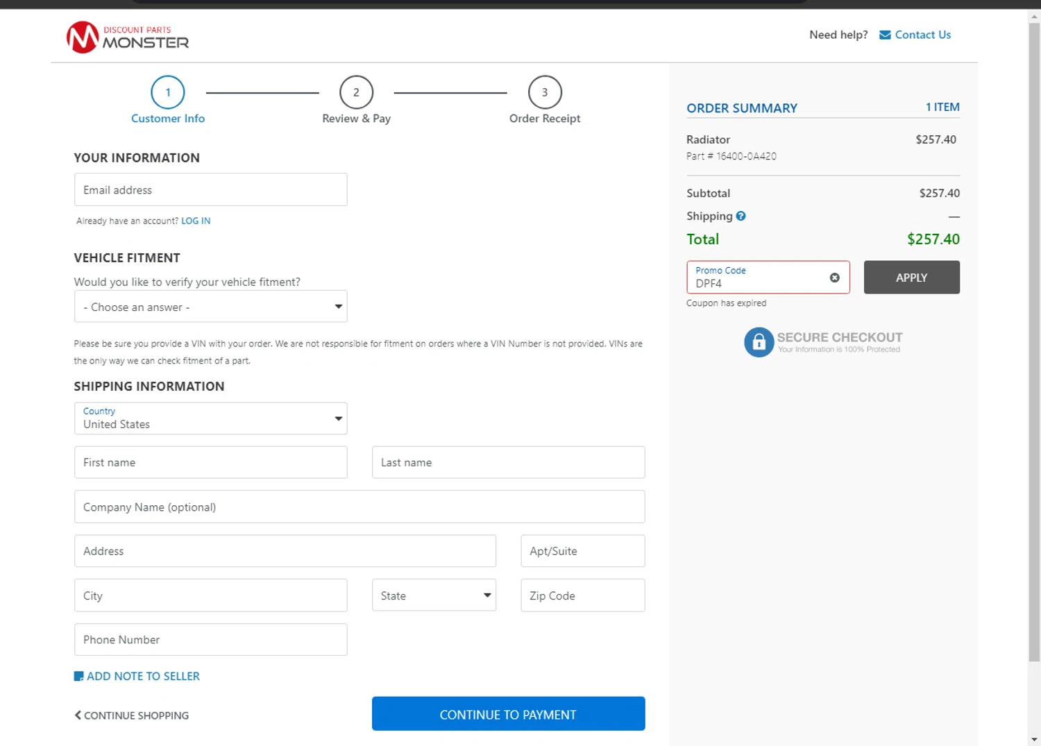 Discount Parts Monster coupon code screenshot showing code DPF4 applied at Discount Parts Monster checkout page. Uploaded by SimplyCodes community member tony2702 on Jan 11, 2025