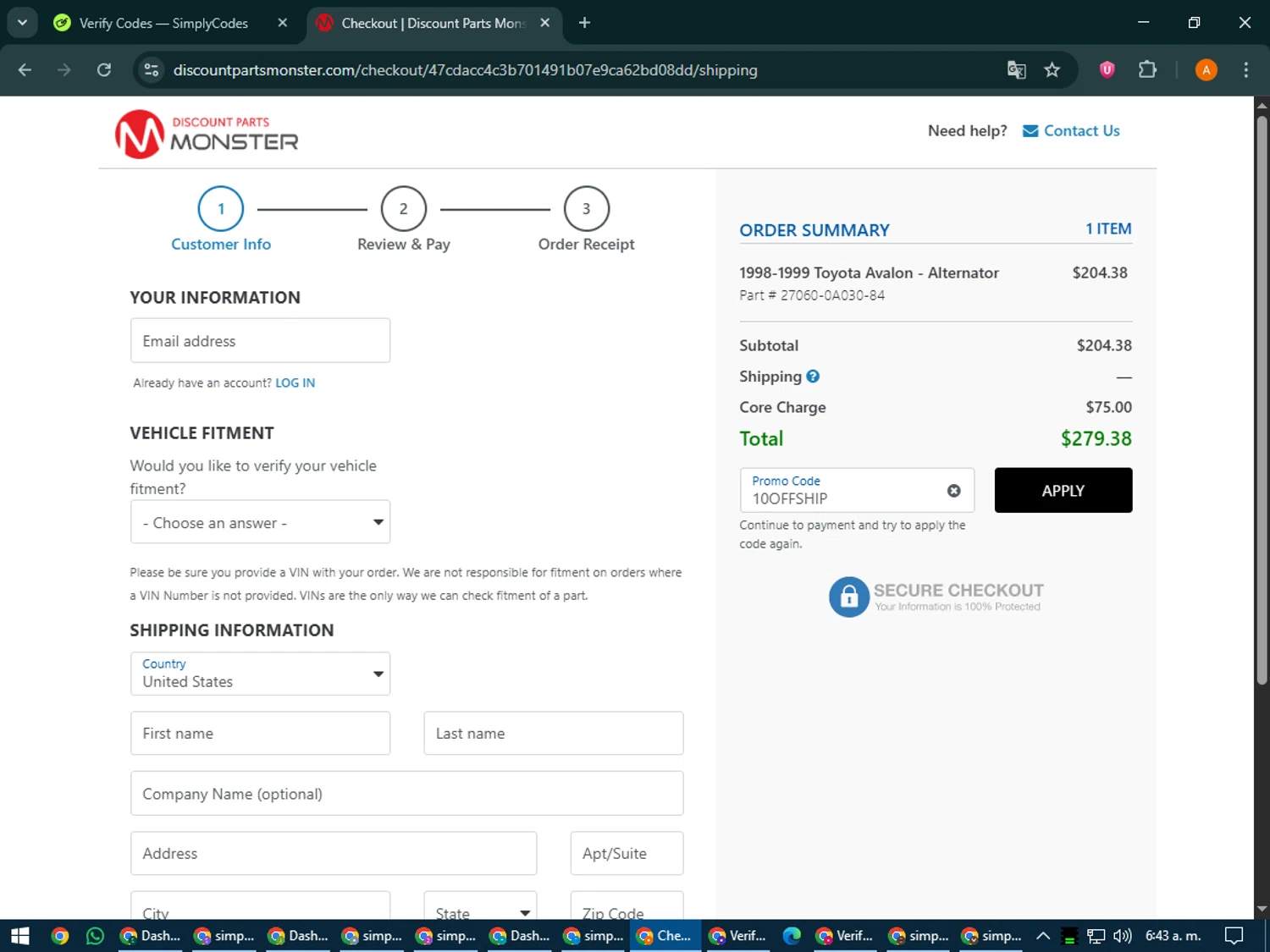 Discount Parts Monster checkout page showing Discount Parts Monster coupon code box | Screenshot taken by SimplyCodes community member on Jun 27, 2025