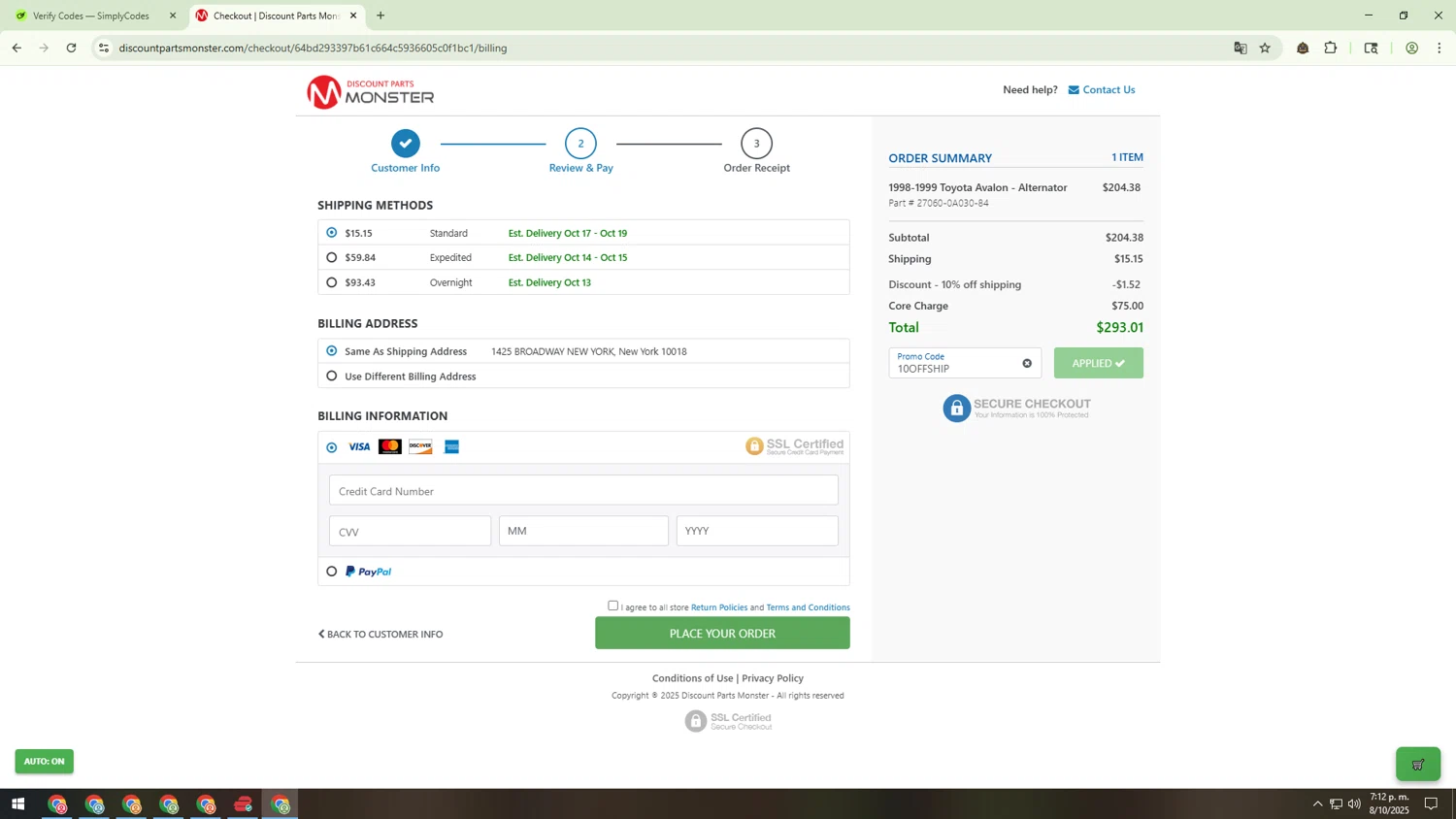 Discount Parts Monster coupon code screenshot showing code 10OFFSHIP applied at Discount Parts Monster checkout page. Uploaded by SimplyCodes community member 000000ooooooooooo on Oct 8, 2025