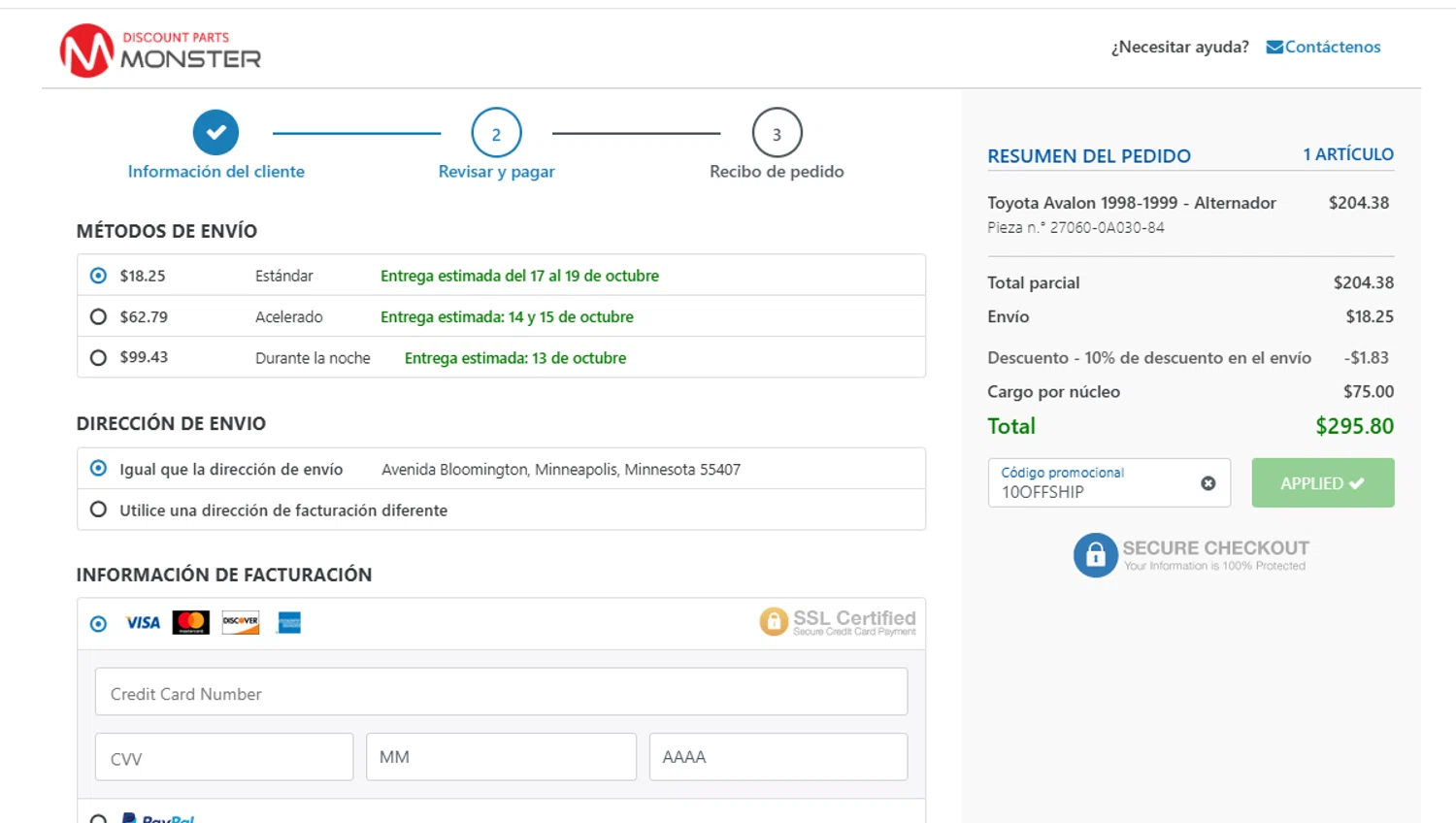 Discount Parts Monster coupon code screenshot showing code 10OFFSHIP applied at Discount Parts Monster checkout page. Uploaded by SimplyCodes community member SavvyCurator5307 on Oct 8, 2025