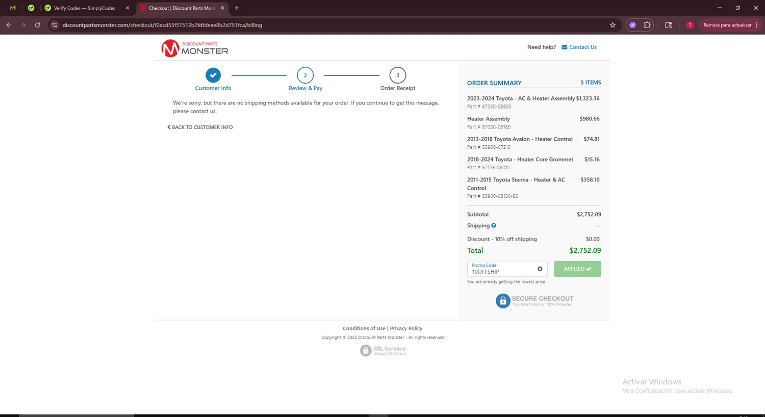 Discount Parts Monster checkout page showing Discount Parts Monster coupon code box | Screenshot taken by SimplyCodes community member on Sep 26, 2025