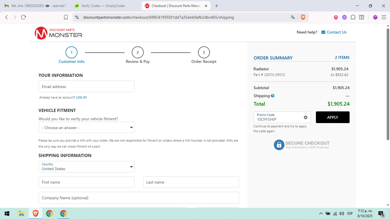Discount Parts Monster coupon code screenshot showing code 10OFFSHIP applied at Discount Parts Monster checkout page. Uploaded by SimplyCodes community member peachee on Oct 8, 2025