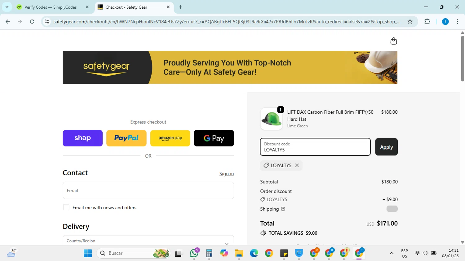 Discount Safety Gear promo code screenshot showing code LOYALTY5 applied at Discount Safety Gear checkout page. Uploaded by SimplyCodes community member FRANCYCASERES12 on Jan 8, 2026