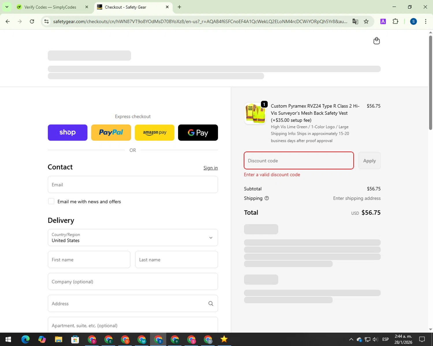 Discount Safety Gear promo code screenshot showing code COLD10 applied at Discount Safety Gear checkout page. Uploaded by SimplyCodes community member 00000007 on Jan 28, 2026