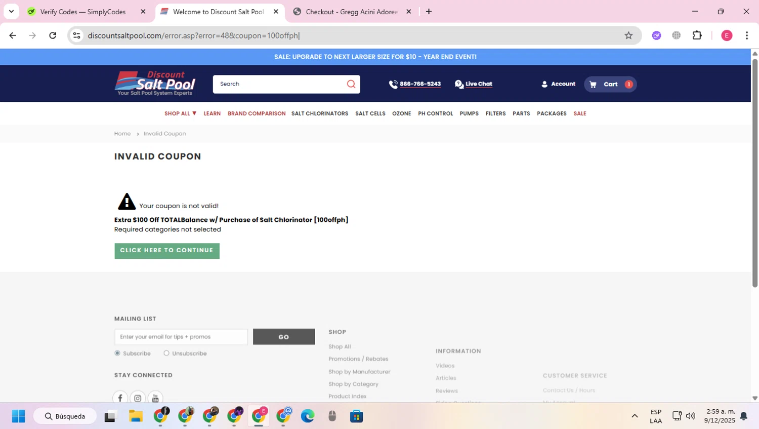 Discount Salt Pool promo code screenshot showing code 100offph applied at Discount Salt Pool checkout page. Uploaded by SimplyCodes community member VoucherExpert2930 on Dec 9, 2025