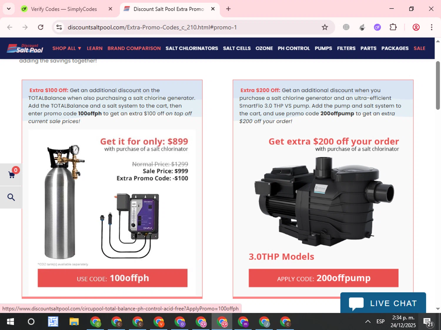 Discount Salt Pool promo code screenshot showing code 100offph applied at Discount Salt Pool checkout page. Uploaded by SimplyCodes community member WonderCurator7831 on Dec 24, 2025
