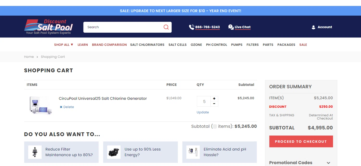 Discount Salt Pool checkout page showing Discount Salt Pool promo code box | Screenshot taken by SimplyCodes community member on Jan 10, 2026