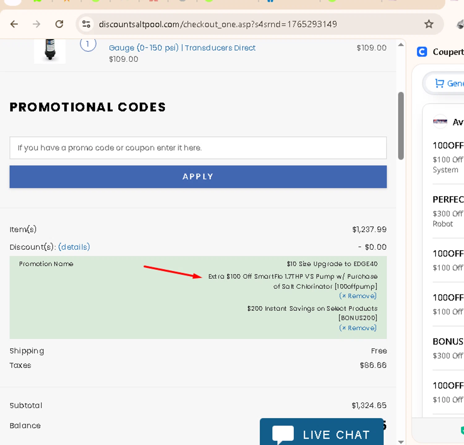Discount Salt Pool promo code screenshot showing code 100offpump applied at Discount Salt Pool checkout page. Uploaded by SimplyCodes community member AMANDA2681 on Dec 9, 2025