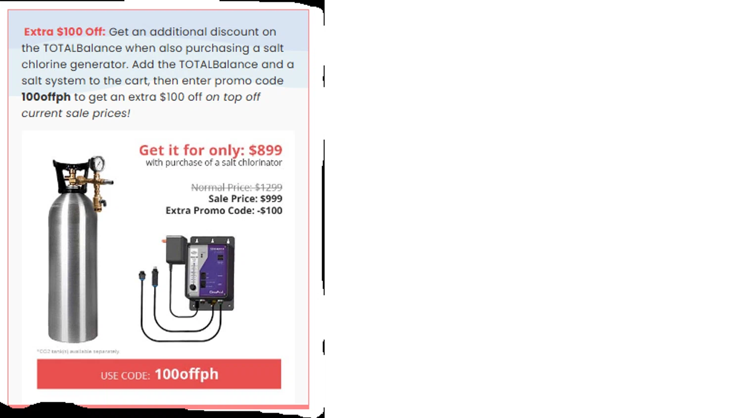 Discount Salt Pool promo code screenshot showing code 100OFFPH applied at Discount Salt Pool checkout page. Uploaded by SimplyCodes community member RAFV1111 on Dec 24, 2025