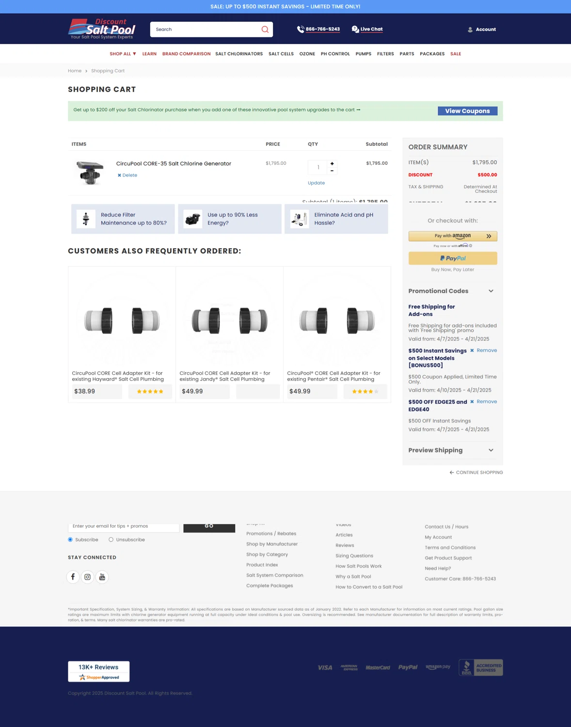 Discount Salt Pool promo code screenshot showing code BONUS500 applied at Discount Salt Pool checkout page. Uploaded by SimplyCodes community member pabloprieto on Apr 19, 2025