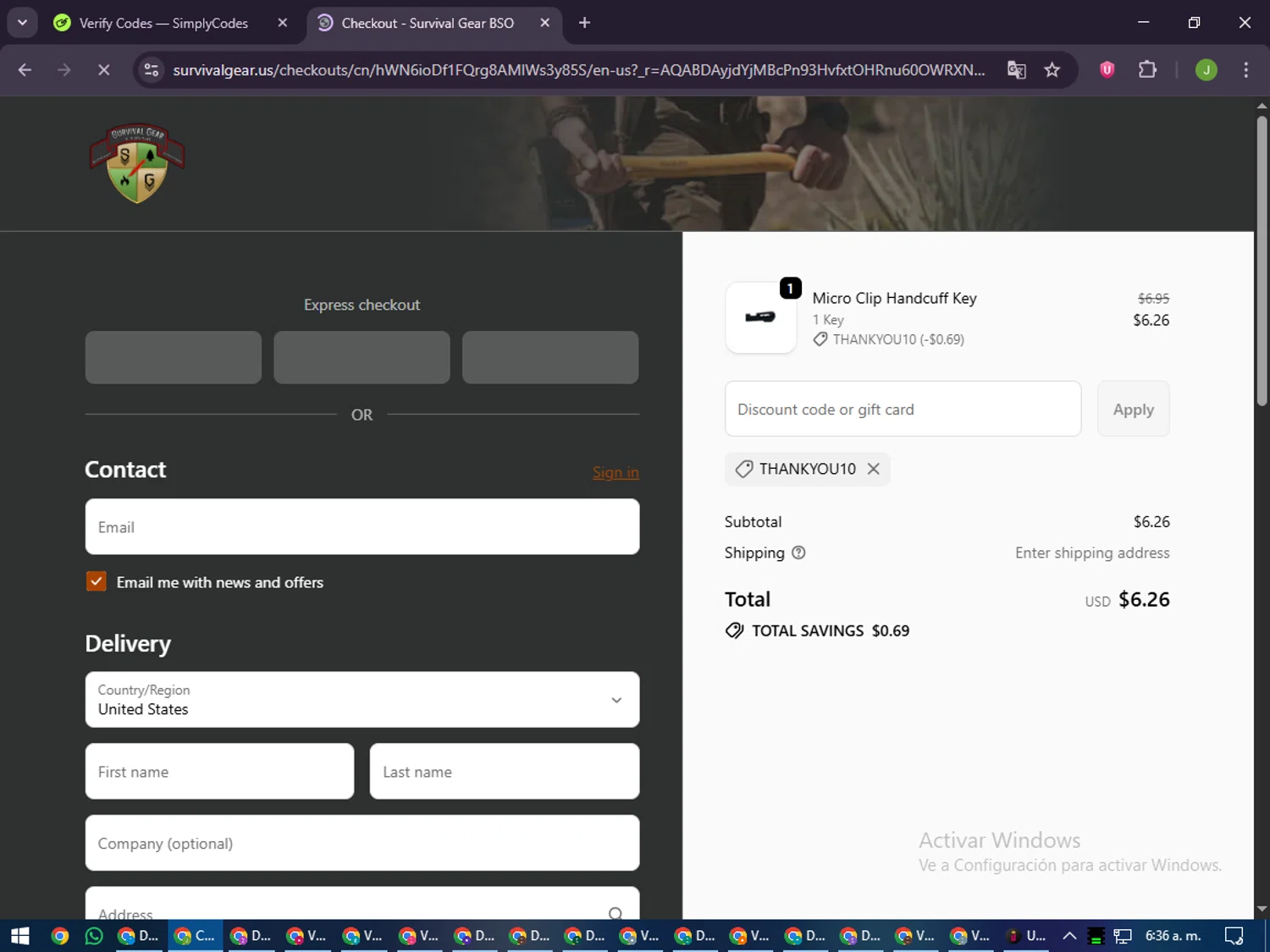 Discount Survival Gear promo code screenshot showing code THANKYOU10 applied at Discount Survival Gear checkout page. Uploaded by SimplyCodes community member LilBaby on Dec 22, 2025