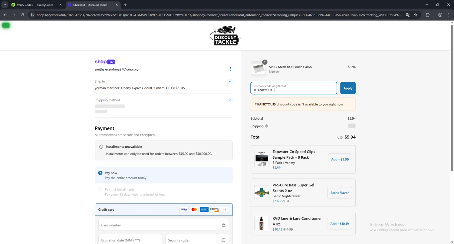 Discount Tackle checkout page showing Discount Tackle discount code box | Screenshot taken by SimplyCodes community member on Mar 28, 2025