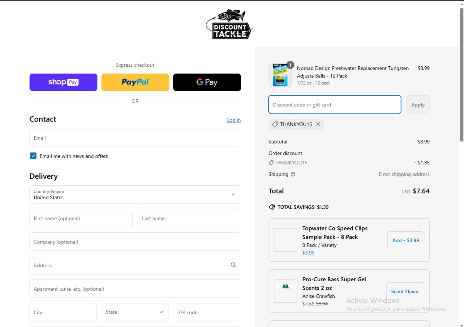 Discount Tackle checkout page showing Discount Tackle discount code box | Screenshot taken by SimplyCodes community member on Mar 24, 2025