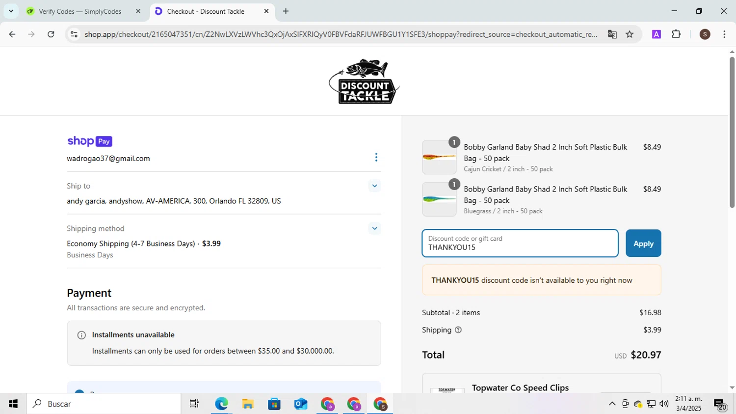 Discount Tackle checkout page showing Discount Tackle discount code box | Screenshot taken by SimplyCodes community member on Apr 3, 2025