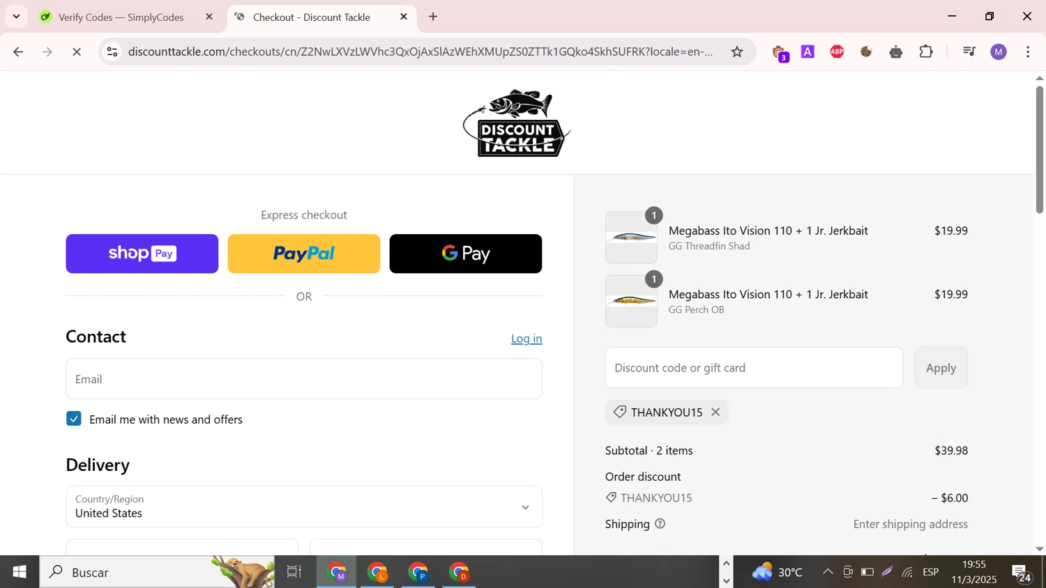 Discount Tackle checkout page showing Discount Tackle discount code box | Screenshot taken by SimplyCodes community member on Mar 12, 2025