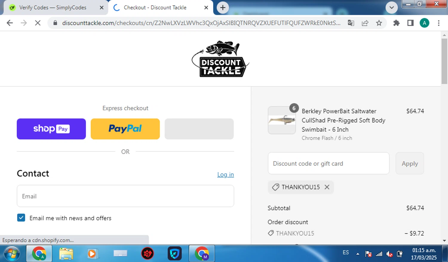 Discount Tackle checkout page showing Discount Tackle discount code box | Screenshot taken by SimplyCodes community member on Mar 17, 2025