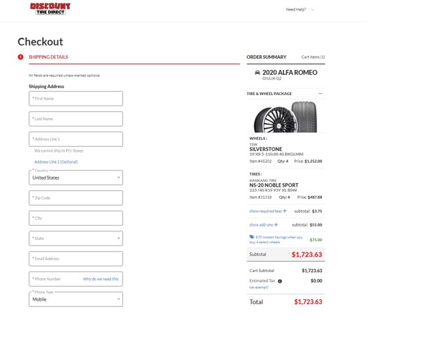 Discount Tire checkout page showing Discount Tire discount code box | Screenshot taken by SimplyCodes community member on Aug 5, 2020