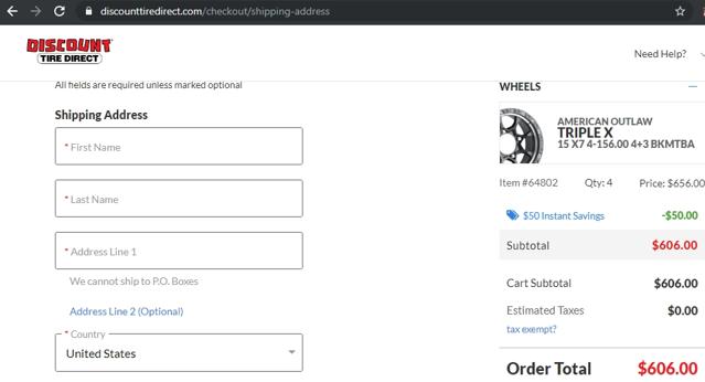 Discount Tire Direct checkout page showing Discount Tire Direct coupon code box | Screenshot taken by SimplyCodes community member on Jul 7, 2020