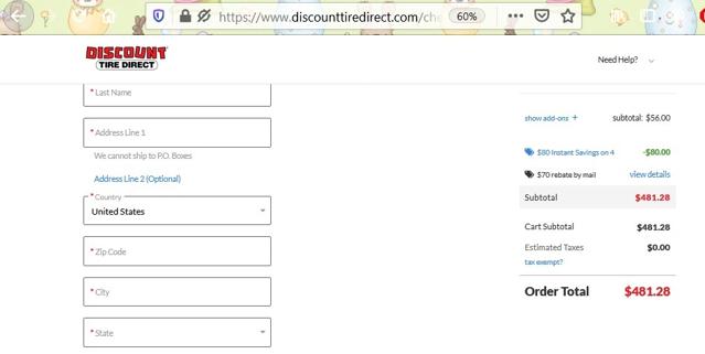 Discount Tire Direct checkout page showing Discount Tire Direct coupon code box | Screenshot taken by SimplyCodes community member on Jul 14, 2020