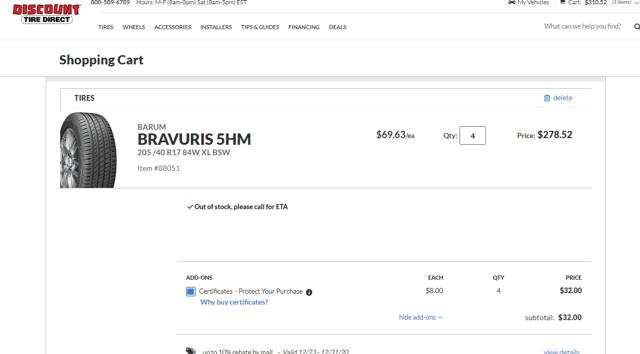 Discount Tire Direct checkout page showing Discount Tire Direct coupon code box | Screenshot taken by SimplyCodes community member on Dec 30, 2020