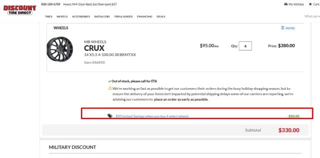 Discount Tire Direct checkout page showing Discount Tire Direct coupon code box | Screenshot taken by SimplyCodes community member on Jun 7, 2022
