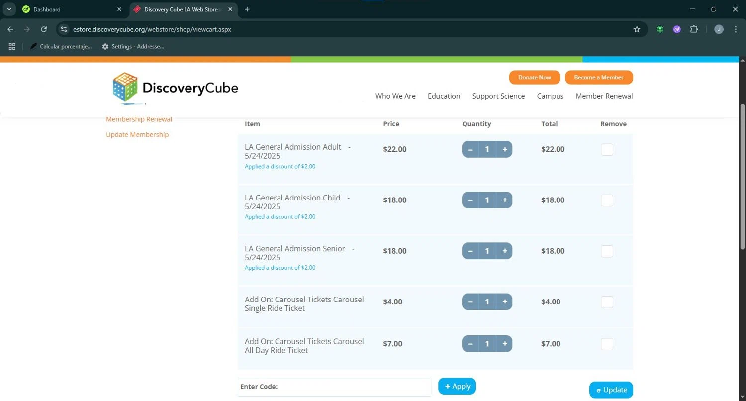 Discovery Science Center coupon code screenshot showing code RESCUE25 applied at Discovery Science Center checkout page. Uploaded by SimplyCodes community member Chukaflu on May 23, 2025