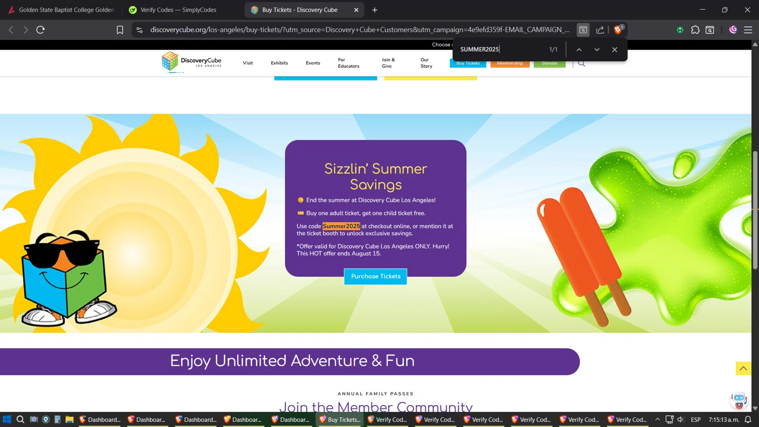 Discovery Science Center checkout page showing Discovery Science Center coupon code box | Screenshot taken by SimplyCodes community member on Aug 14, 2025