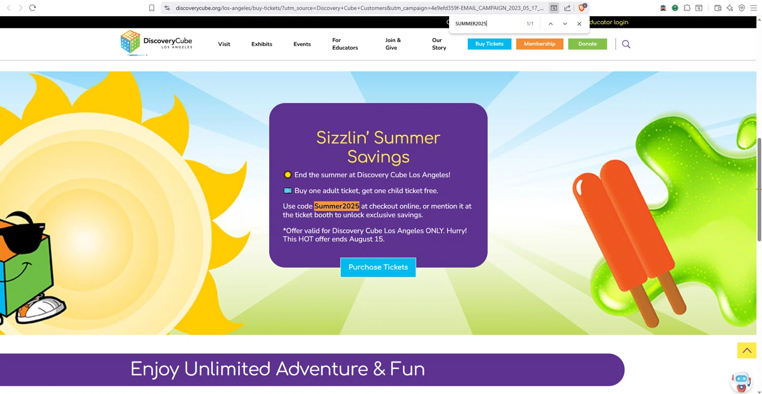 Discovery Science Center checkout page showing Discovery Science Center coupon code box | Screenshot taken by SimplyCodes community member on Aug 4, 2025